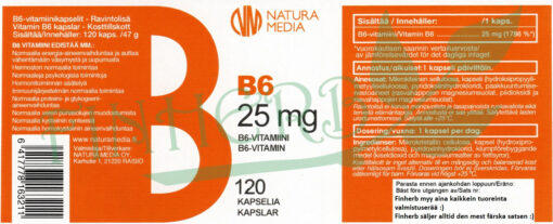 B6 vitamiini etiketti 25mg 120 kaps
