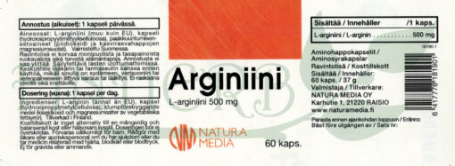 Arginiini 500 mg 60 kaps etiketti Finherb